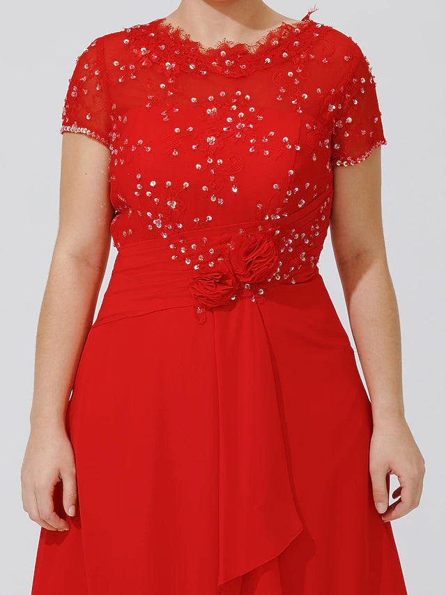 A-Linien-Kleid für die Brautmutter, elegant und luxuriös, schöner Rücken, Übergröße, Rundhalsausschnitt, knielang, Chiffon, Perlenspitze, kurze Ärmel, ohne Falten, Perlenbesatz, Blumen